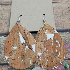 White Vegan Leather and Cork Teardrop Earrings